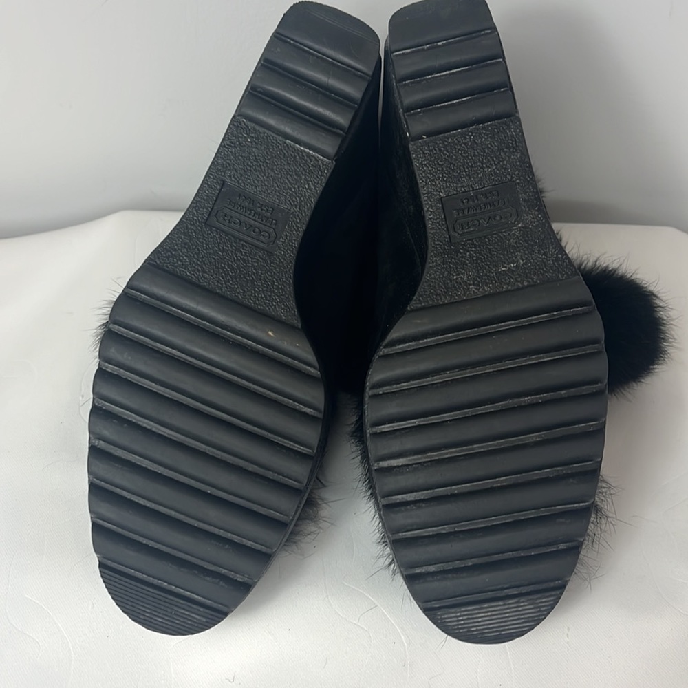 Coach Kataya Wedge Ankle Boots Booties in Black Suede with Black Rabbit Fur Trim - Picture 8 of 17
